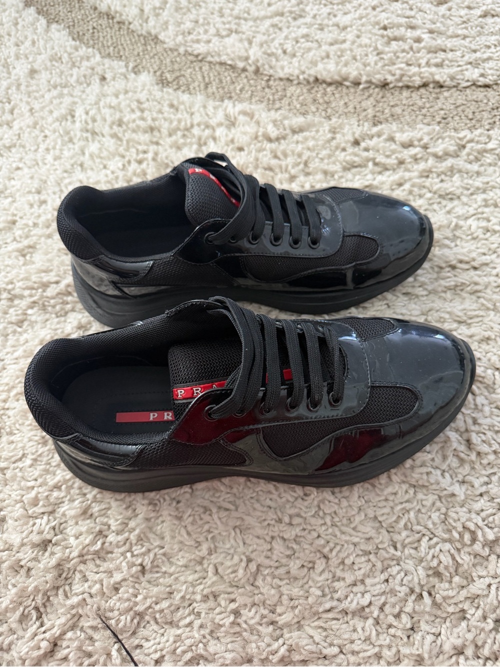 Prada Black Men's Mixed-Material Low-Top Sneakers with Red Logo Tab - Picture 3 of 5